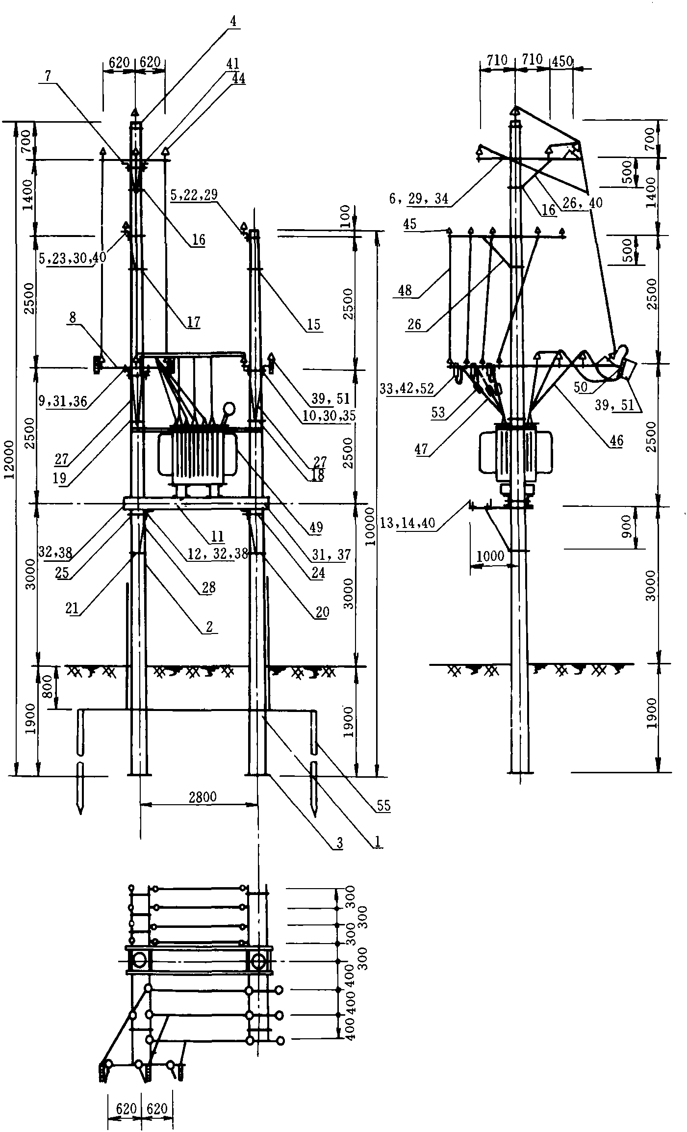 图8-7 BT-7，12m直线型双杆变台安装图
